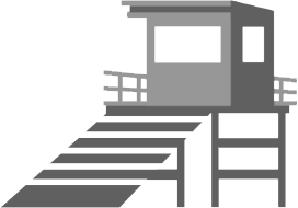 The image depicts a simple, grayscale illustration of a lifeguard tower with a ramp leading up to the elevated structure.