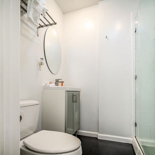 A small, modern bathroom with a toilet, a sink with a mirror above it, and a glass-enclosed shower. The walls are white and there's a towel rack.