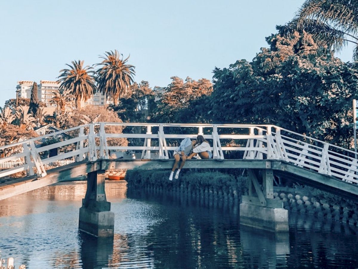 A scenic canal bridge with palm trees and greenery in the background, and a person leaning on the bridge railing, reflecting on the water.