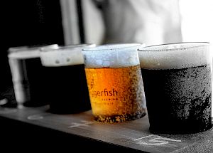 Four glasses of beer in a row, with different colors and foam levels, placed on a wooden surface.