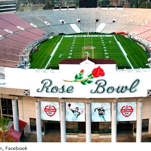 The image shows the Rose Bowl Stadium, featuring its distinctive sign and the football field inside, with rows of seating visible.