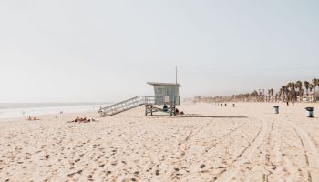 A sandy beach with a lifeguard tower, a few people, palm trees, and the ocean under a clear sky.