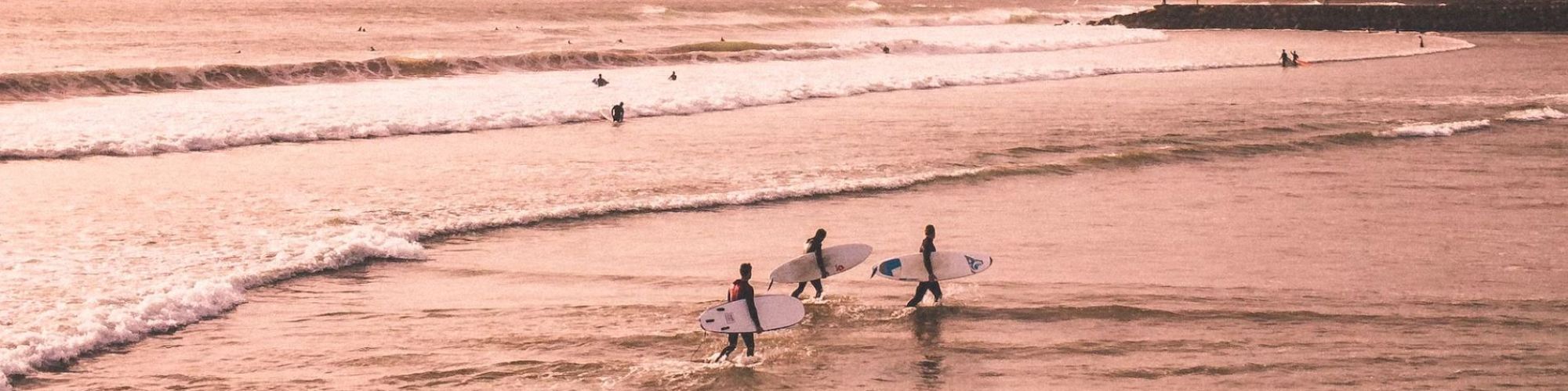 Three people carrying surfboards walk along the shore, with waves and other surfers in the background under a pinkish sky.