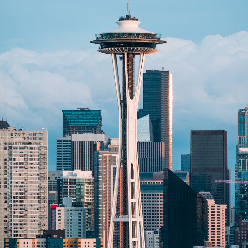 The image shows the Seattle skyline featuring the iconic Space Needle surrounded by tall buildings with a mountainous background and cloudy sky.